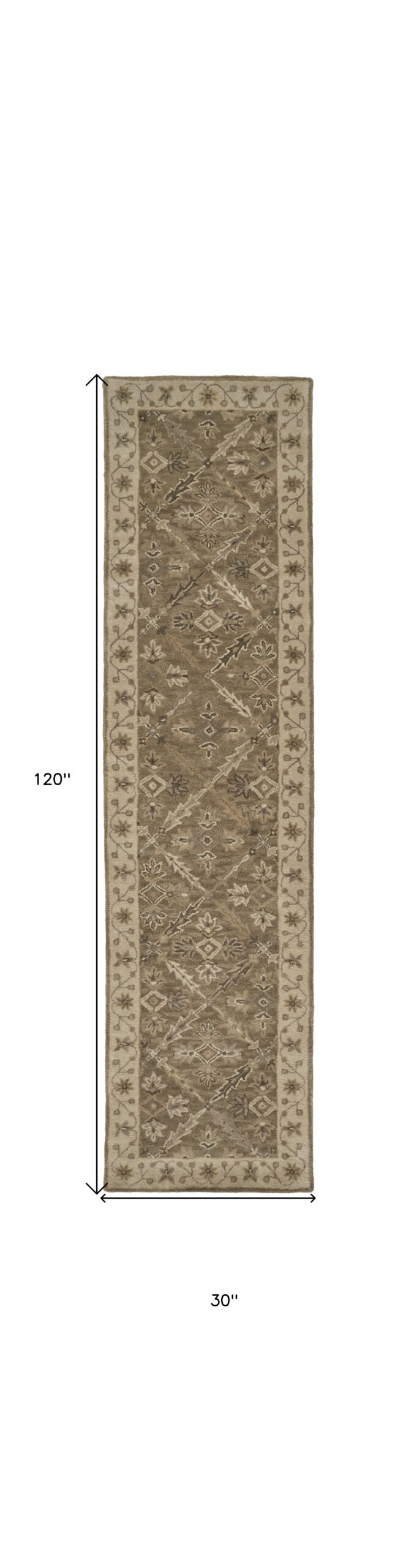 10' Green Brown And Taupe Wool Paisley Tufted Handmade Stain Resistant Runner Rug