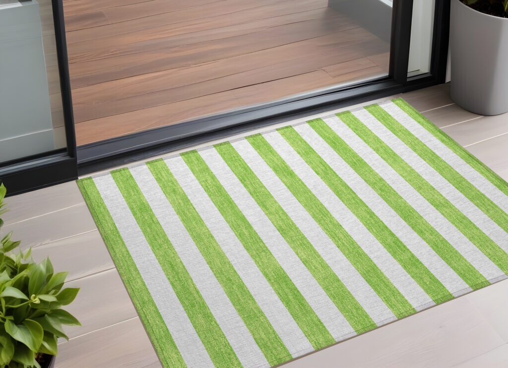 3' X 5' Lime Green and White Striped Washable Indoor Outdoor Area Rug