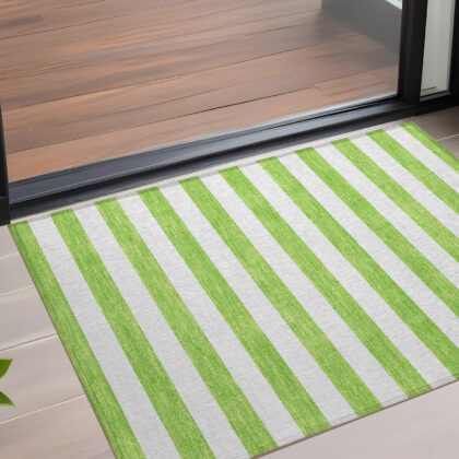 3' X 5' Lime Green and White Striped Washable Indoor Outdoor Area Rug