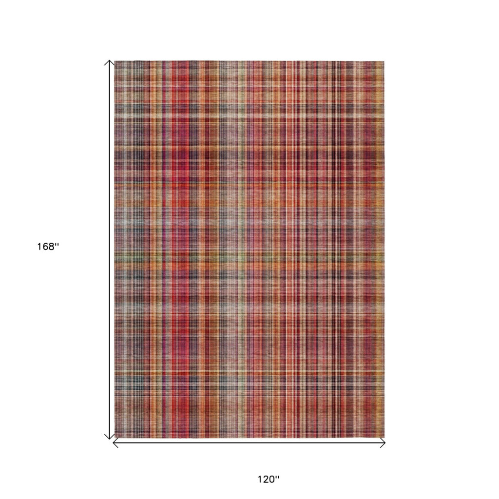 10' X 14' Red Orange and Brown Plaid Washable Non Skid Indoor Outdoor Area Rug
