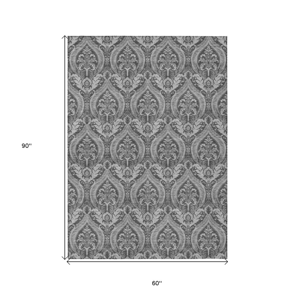 5' X 8' Gray Damask Washable Non Skid Indoor Outdoor Area Rug