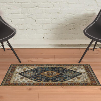 2' X 3' Blue Rust Red Beige Orange Gold And Tan Oriental Power Loom Stain Resistant Area Rug With Fringe
