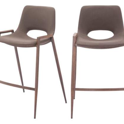 Set of Two 26" Brown Faux Leather And Steel Low Back Counter Height Bar Chairs