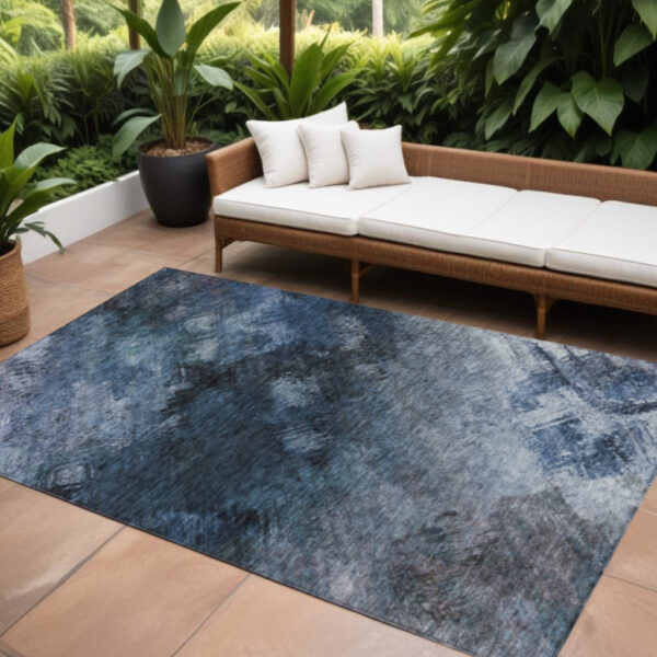 10' X 14' Navy Blue And Denim Blue Abstract Washable Indoor Outdoor Area Rug