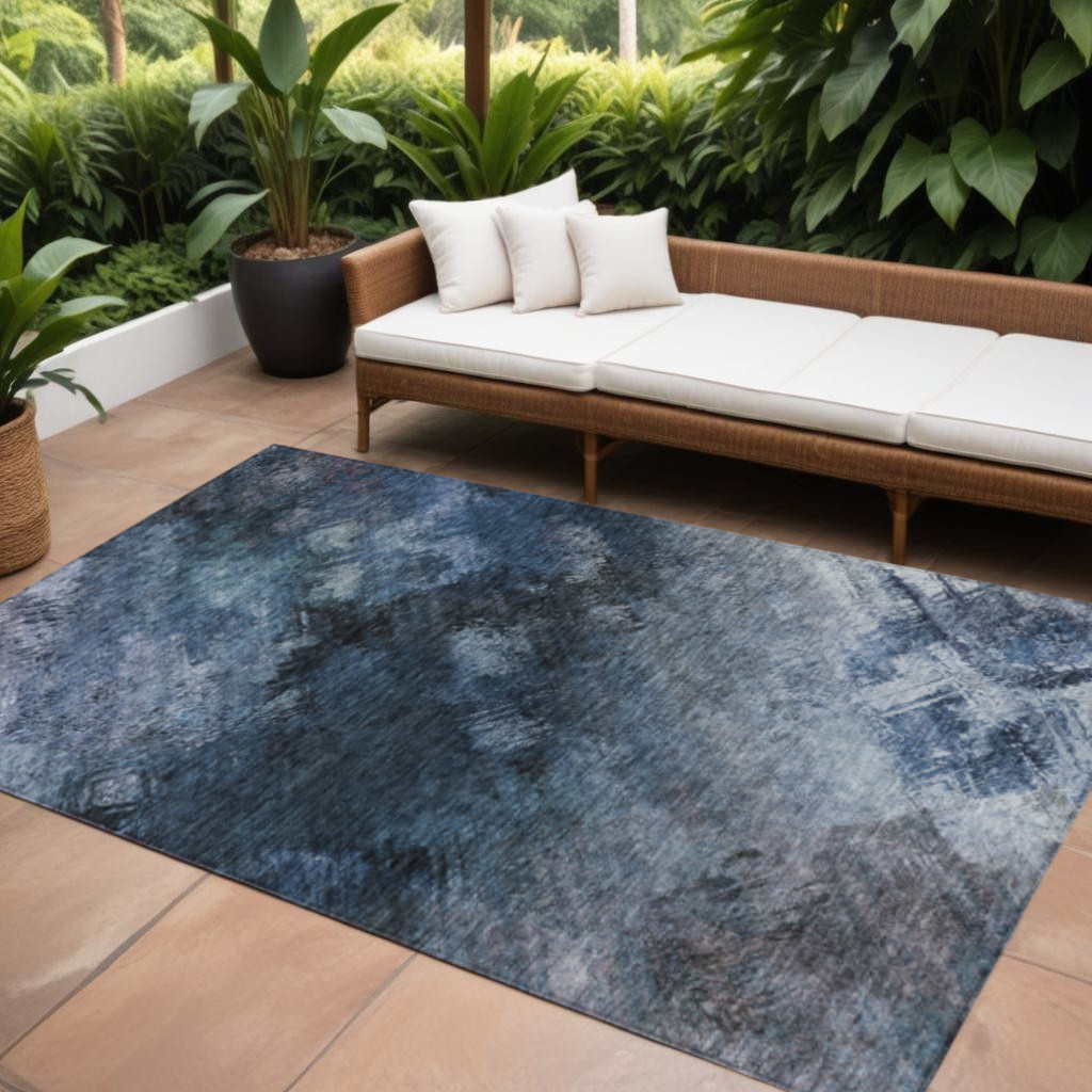 10' X 14' Navy Blue And Denim Blue Abstract Washable Indoor Outdoor Area Rug