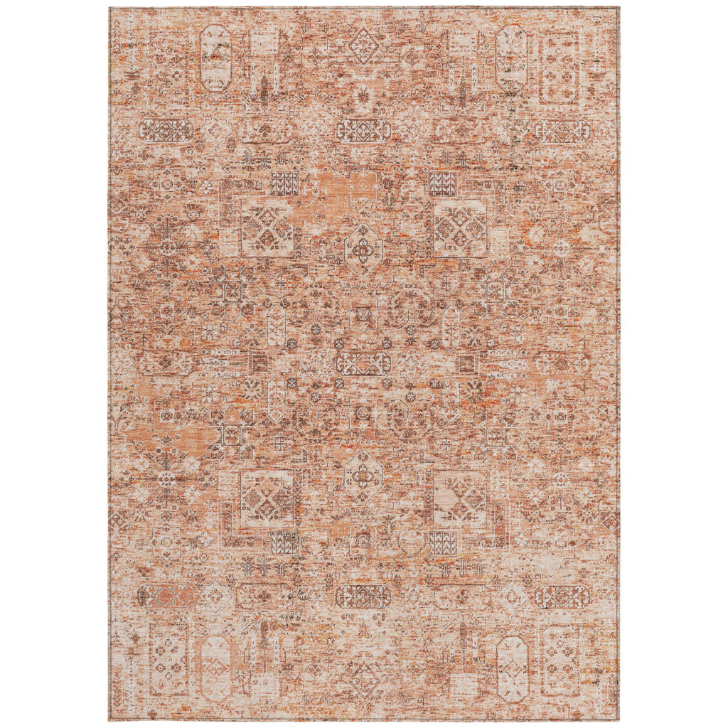 8' X 10' Salmon Orange And Gray Floral Washable Indoor Outdoor Area Rug