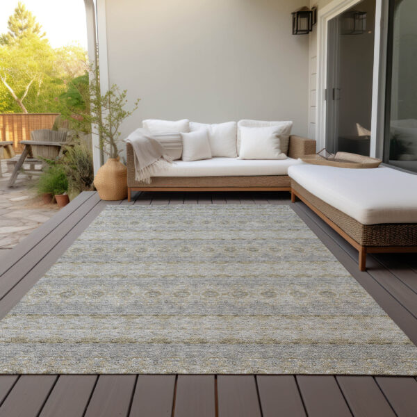 9' X 12' Silver Gray And Gold Floral Medallion Washable Indoor Outdoor Area Rug