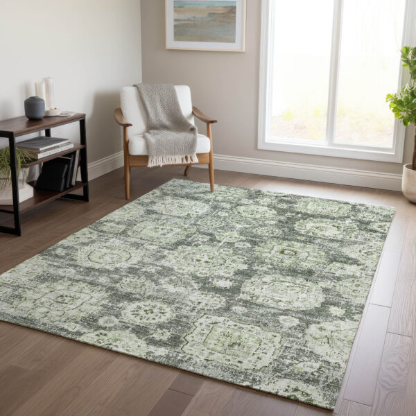 5' X 8' Artichoke Green And Olive Green Floral Washable Indoor Outdoor Area Rug