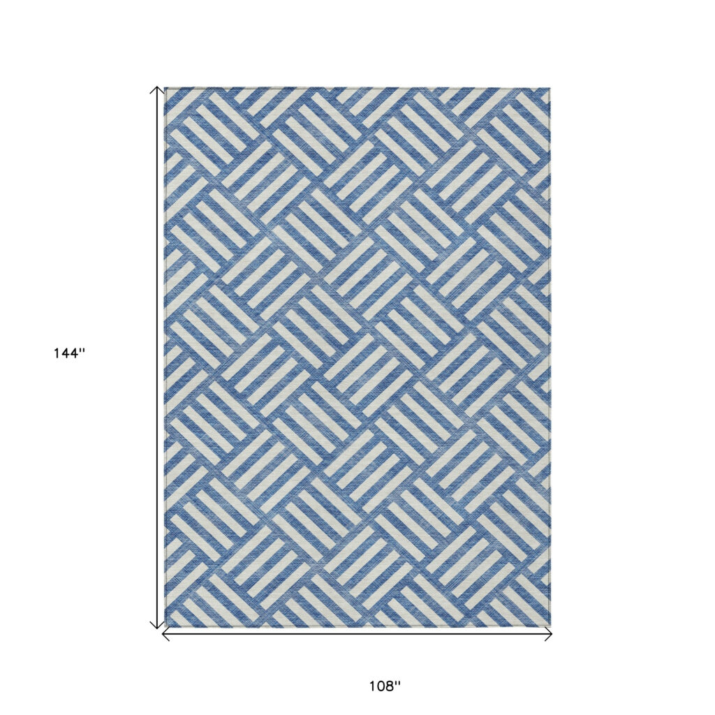 9' X 12' Blue And Ivory Geometric Washable Indoor Outdoor Area Rug