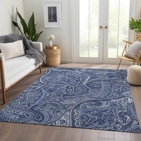 8' X 10' Navy Blue And Sky Blue Paisley Washable Indoor Outdoor Area Rug