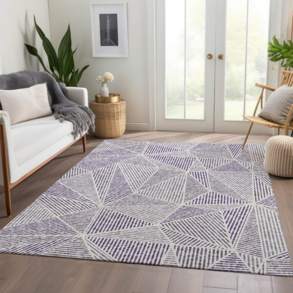 10' X 14' Purple Lilac And Silver Geometric Washable Indoor Outdoor Area Rug