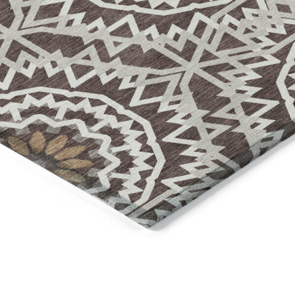8' Chocolate Ivory And Taupe Round Floral Medallion Washable Indoor Outdoor Area Rug