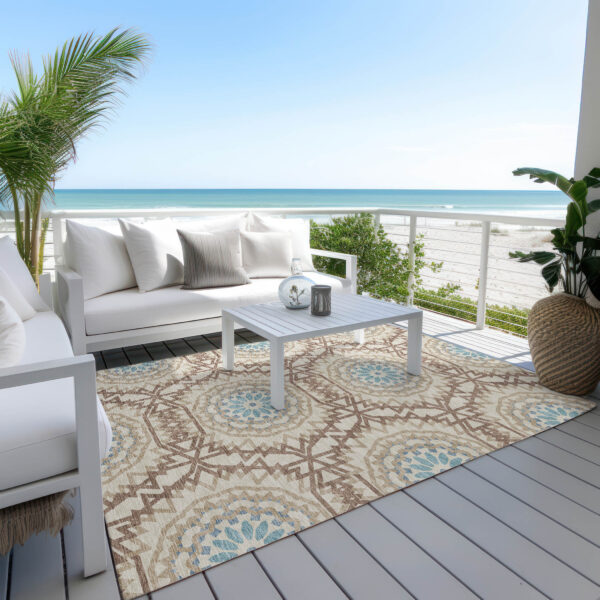 8' X 10' Khaki Brown And Taupe Floral Medallion Washable Indoor Outdoor Area Rug