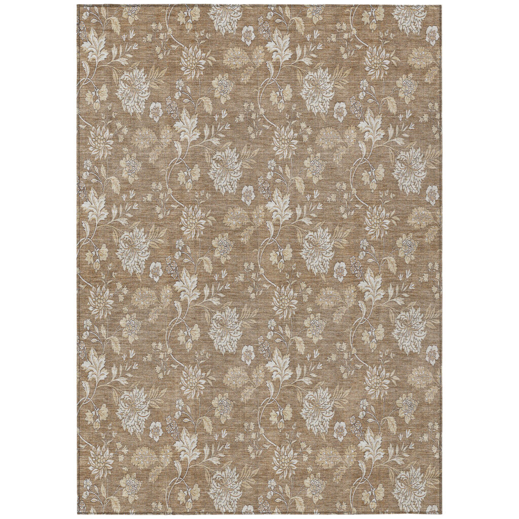 9' X 12' Copper And Beige Floral Washable Indoor Outdoor Area Rug