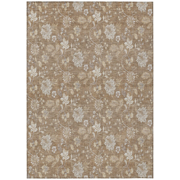 9' X 12' Copper And Beige Floral Washable Indoor Outdoor Area Rug
