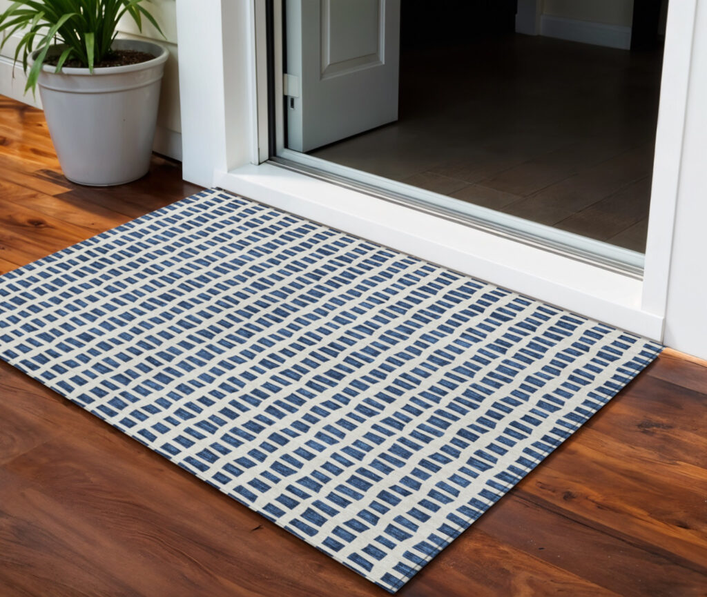 5' X 8' Navy Blue And Ivory Geometric Washable Indoor Outdoor Area Rug
