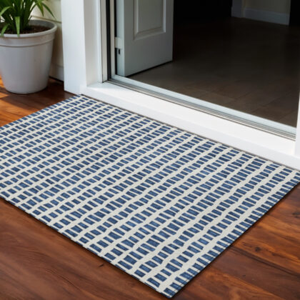 5' X 8' Navy Blue And Ivory Geometric Washable Indoor Outdoor Area Rug