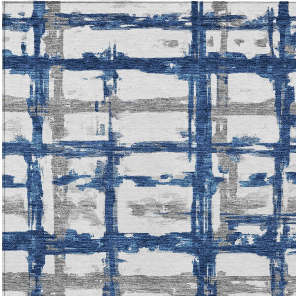 8' X 10' Navy Blue Gray And Silver Striped Washable Indoor Outdoor Area Rug