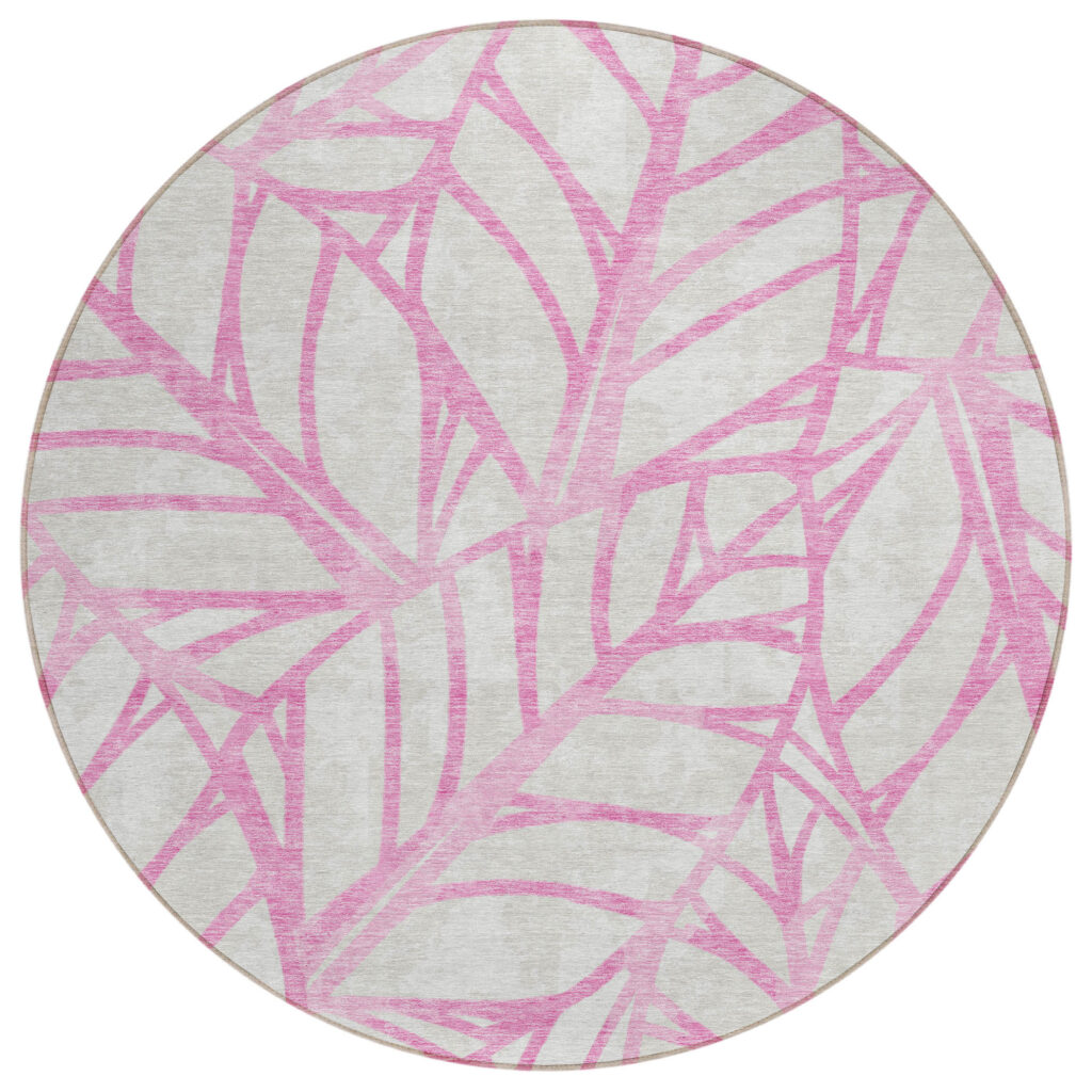 8' Pink And Beige Round Floral Washable Indoor Outdoor Area Rug