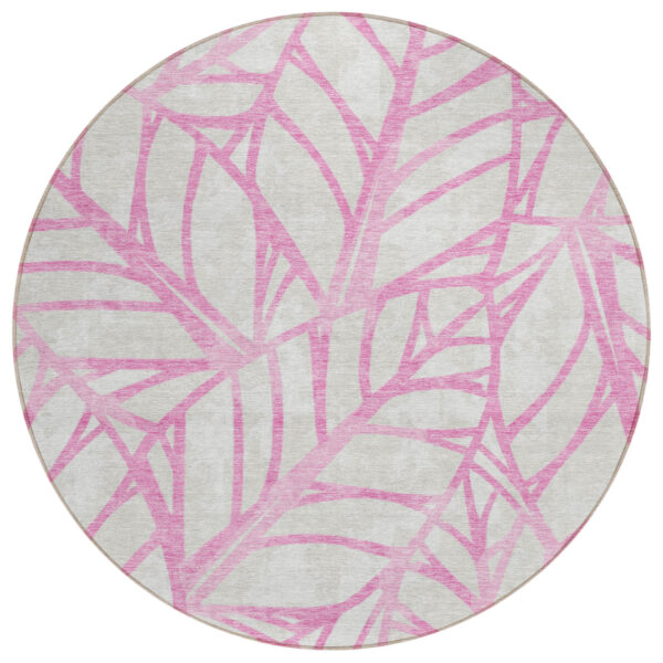 8' Pink And Beige Round Floral Washable Indoor Outdoor Area Rug