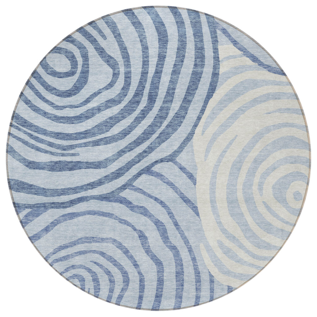 8' Sky Blue Denim Blue And Ivory Round Abstract Washable Indoor Outdoor Area Rug