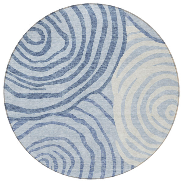 8' Sky Blue Denim Blue And Ivory Round Abstract Washable Indoor Outdoor Area Rug