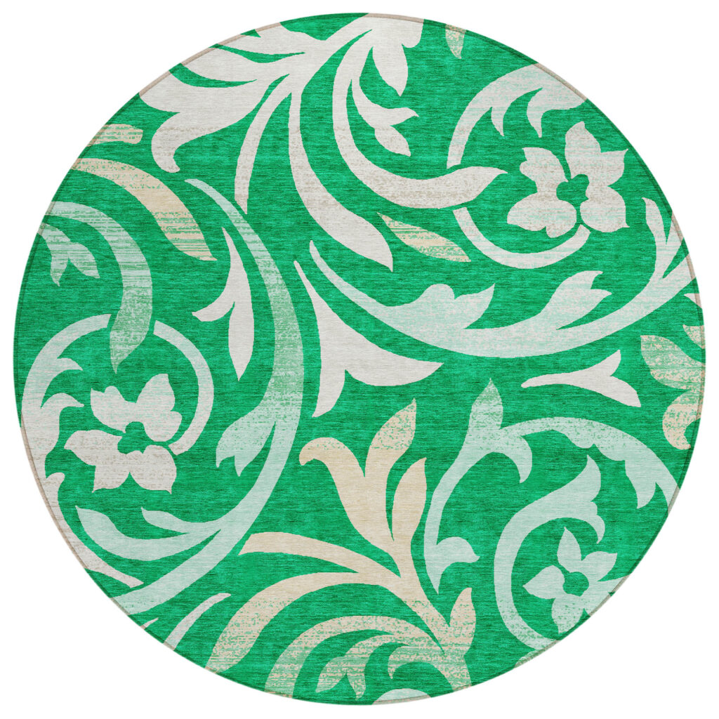 8' Mint Green And Ivory Round Floral Washable Indoor Outdoor Area Rug
