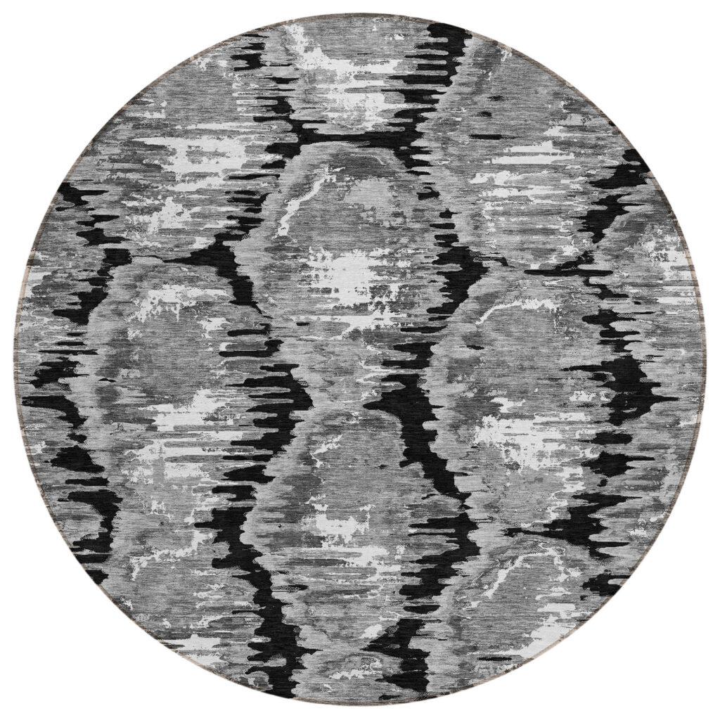 8' Black Charcoal And Silver Round Abstract Washable Indoor Outdoor Area Rug