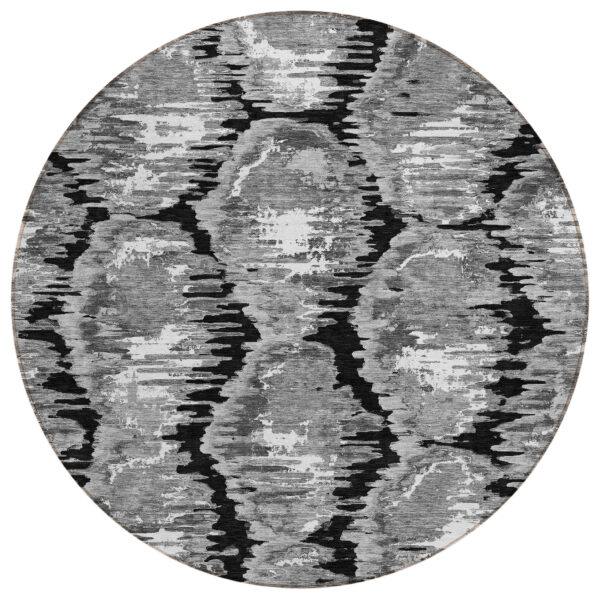 8' Black Charcoal And Silver Round Abstract Washable Indoor Outdoor Area Rug