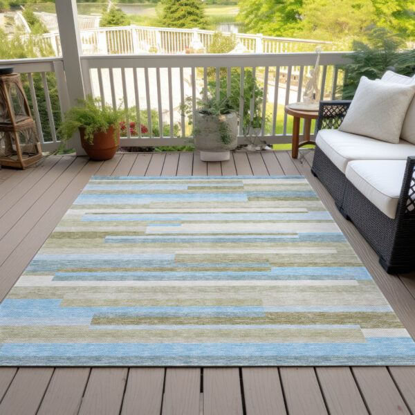 9' X 12' Sky Blue And Denim Blue Striped Washable Indoor Outdoor Area Rug