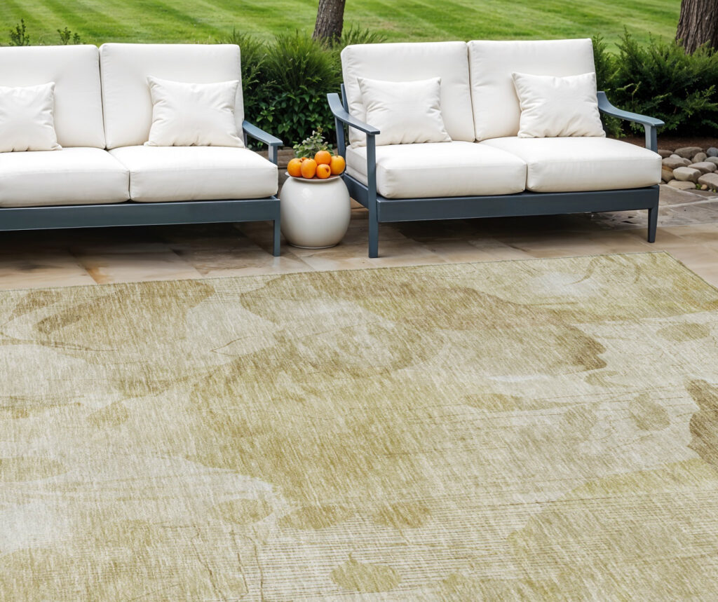 10' X 14' Beige Tan And Ivory Floral Washable Indoor Outdoor Area Rug