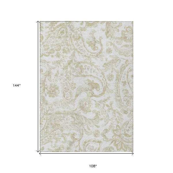 9' X 12' Beige Tan And Ivory Paisley Washable Indoor Outdoor Area Rug