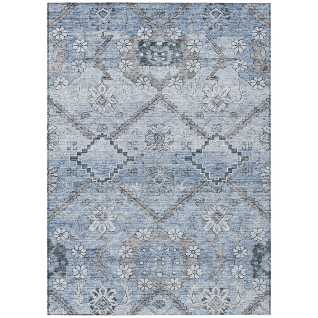 8' X 10' Sky Blue And Denim Blue Floral Washable Indoor Outdoor Area Rug