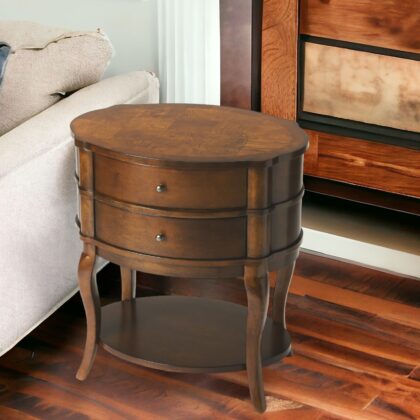 26" Medium Brown And Umber Solid And Manufactured Wood Oval End Table With Two Drawers And Shelf