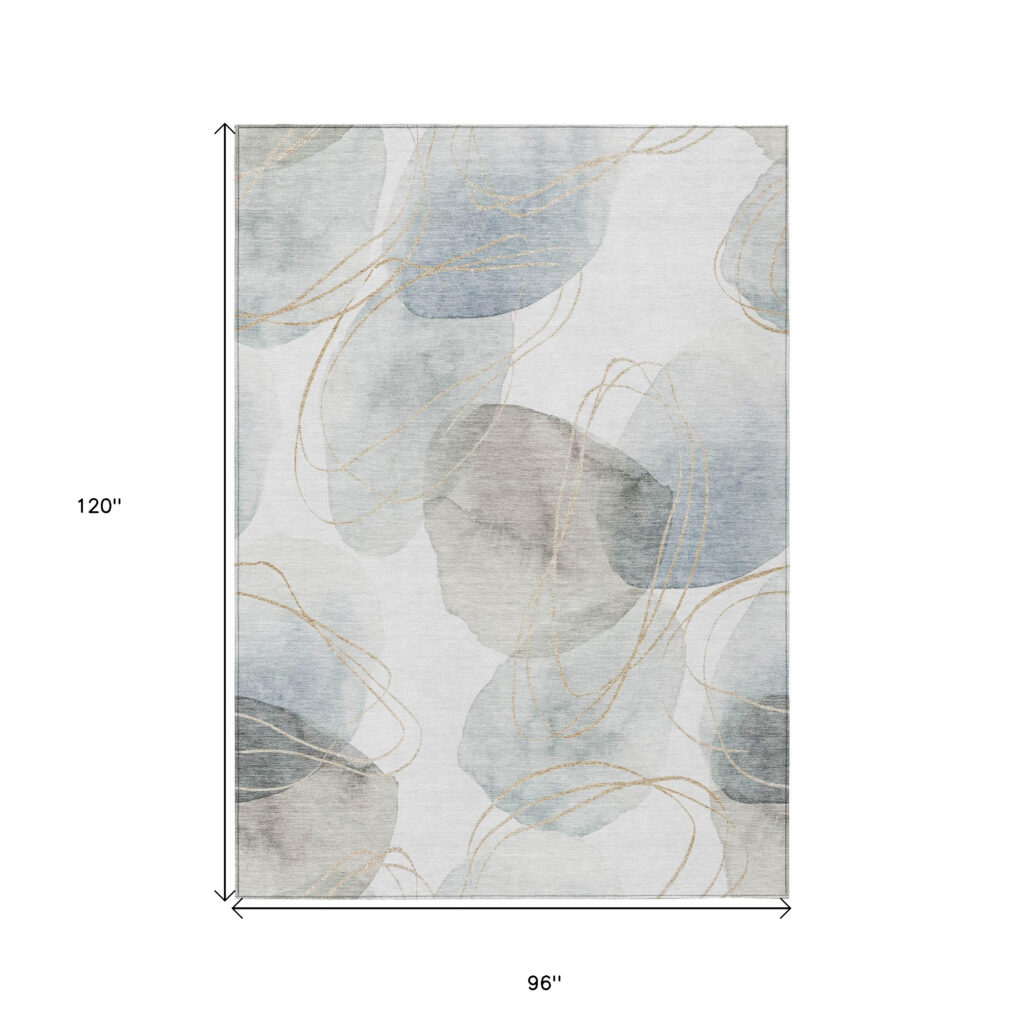 8' X 10' Ivory Blue and Gray Abstract Washable Non Skid Indoor Outdoor Area Rug