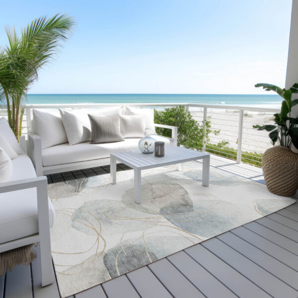 3' X 5' Ivory Blue and Gray Abstract Washable Non Skid Indoor Outdoor Area Rug