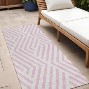 8' Runner Pink and White Geometric Washable Non Skid Indoor Outdoor Runner Rug