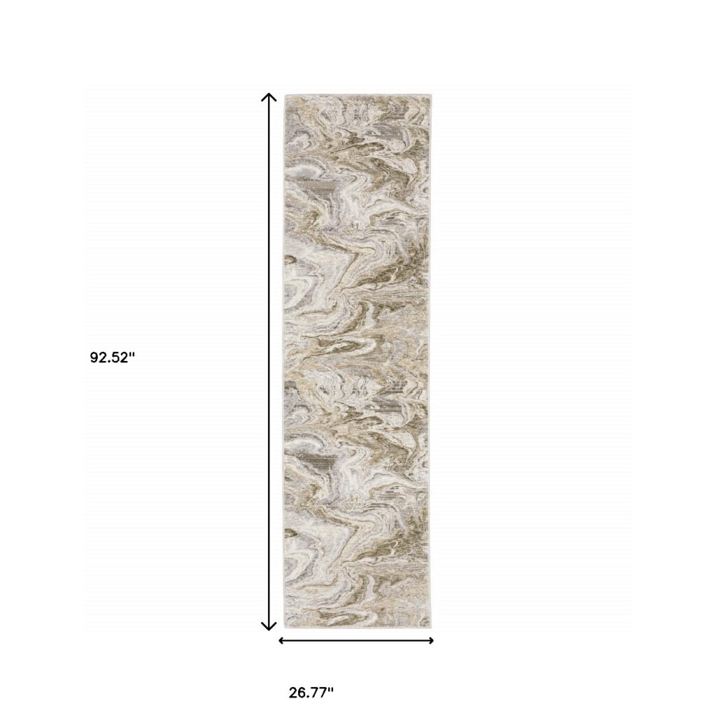 2' X 8' Ivory Tan Beige Grey And Brown Abstract Power Loom Stain Resistant Runner Rug