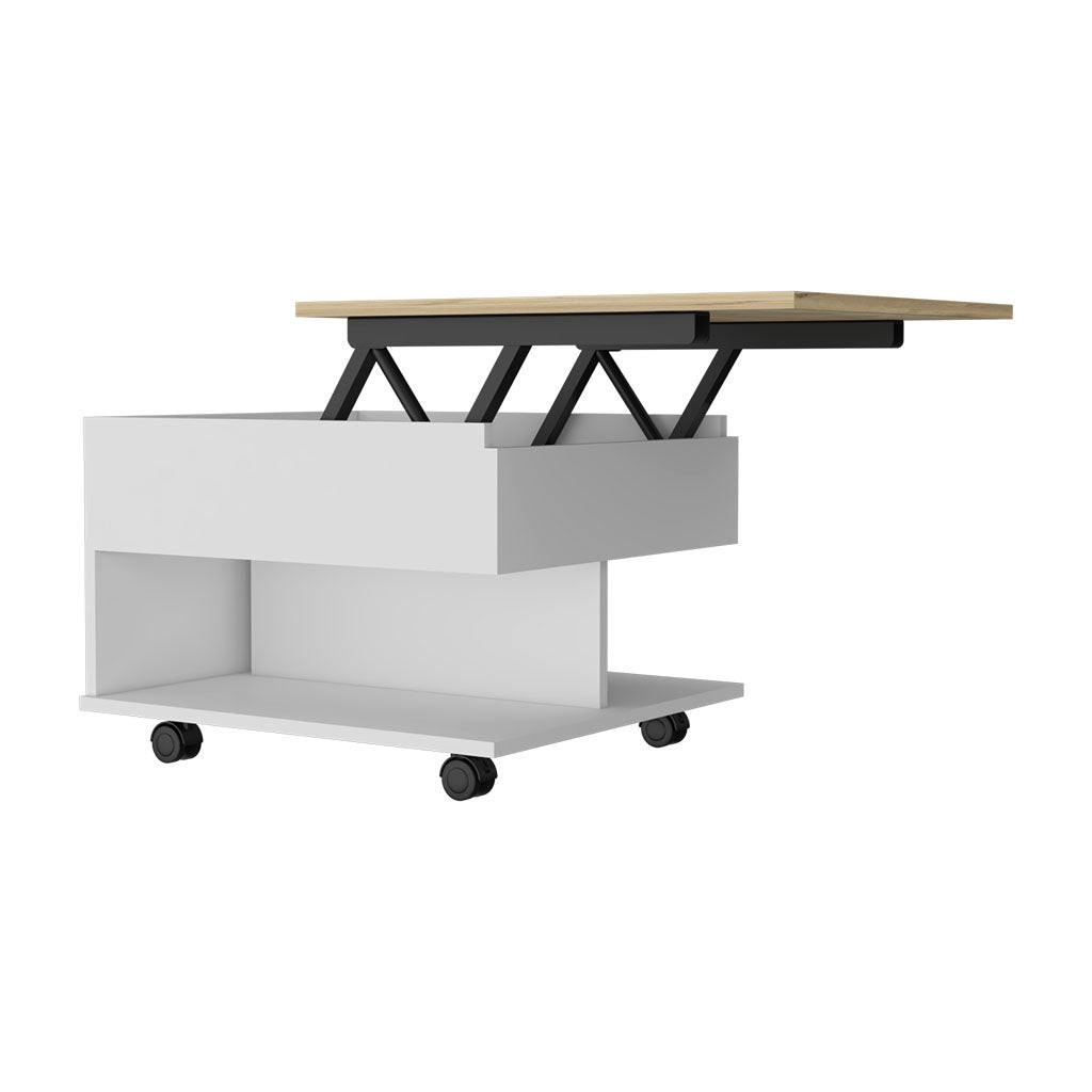 22" Natural And White Wood Lift Top Coffee Table With Two Shelves