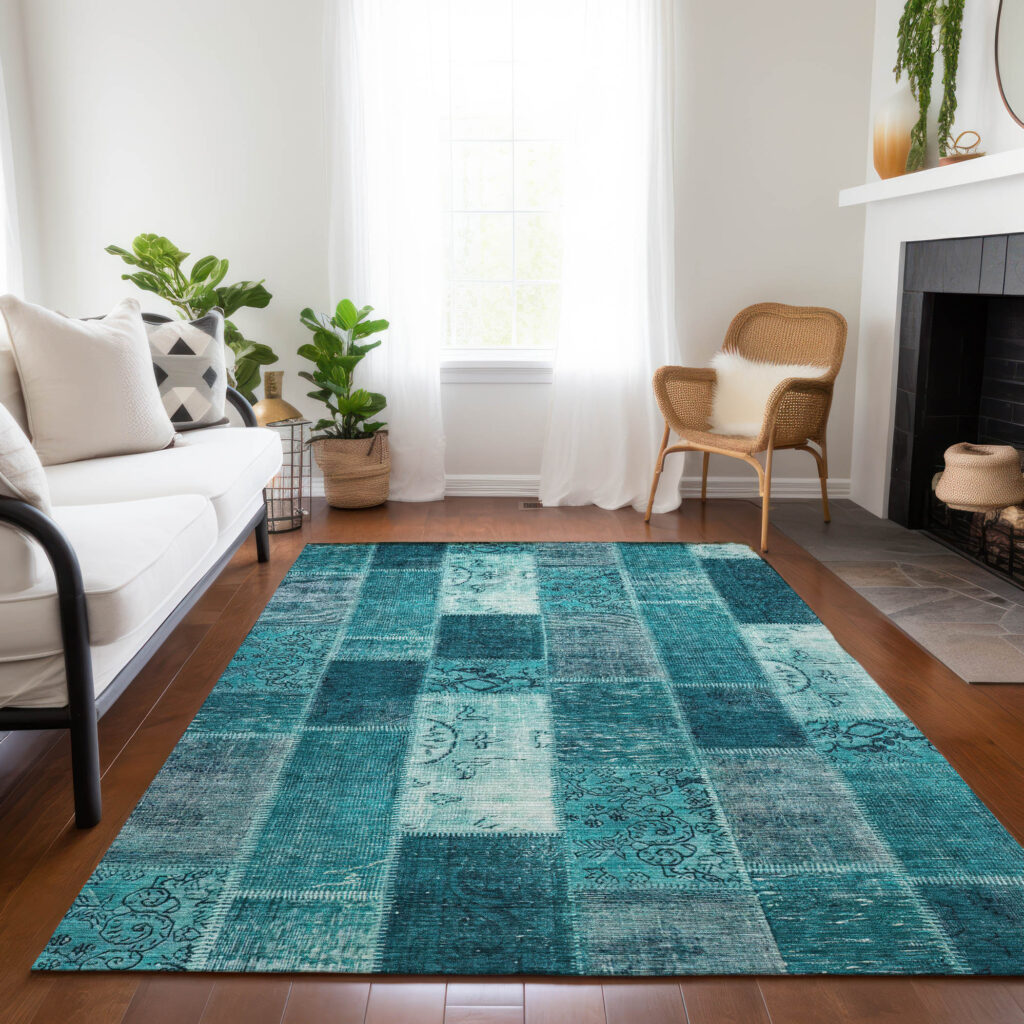 3' X 5' Teal Blue Aqua And Turquoise Patchwork Washable Indoor Outdoor Area Rug
