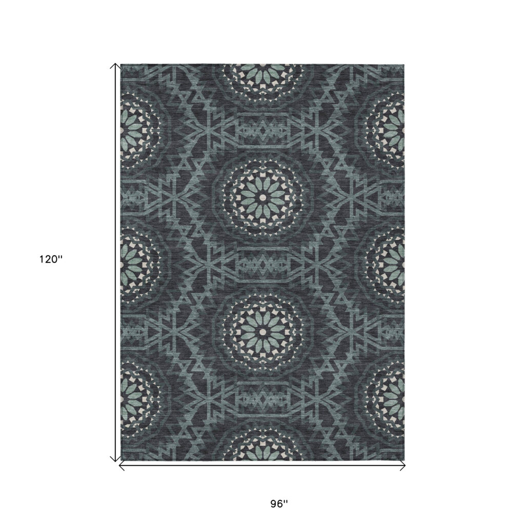 8' X 10' Charcoal Gray And Ivory Floral Medallion Washable Indoor Outdoor Area Rug