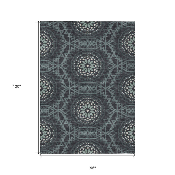 8' X 10' Charcoal Gray And Ivory Floral Medallion Washable Indoor Outdoor Area Rug