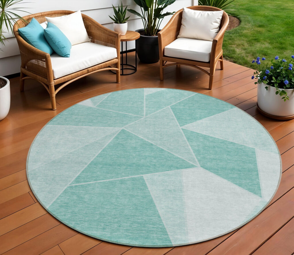 8' Green Mint Green And Aqua Round Geometric Washable Indoor Outdoor Area Rug