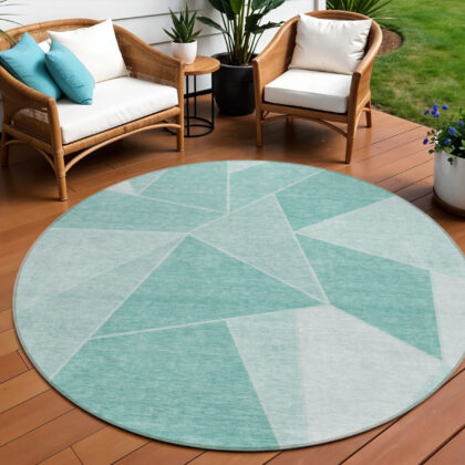 8' Green Mint Green And Aqua Round Geometric Washable Indoor Outdoor Area Rug