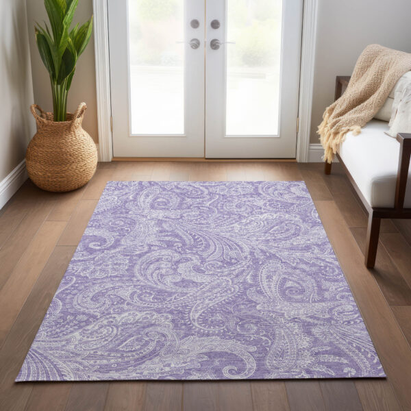 10' X 14' Lavender Purple And Ivory Paisley Washable Indoor Outdoor Area Rug