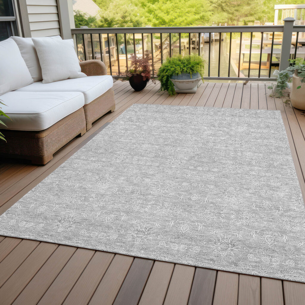 3' X 5' Silver Gray And Ivory Floral Washable Indoor Outdoor Area Rug