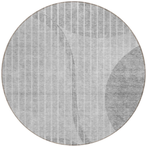 8' Gray Silver And Ivory Round Striped Washable Indoor Outdoor Area Rug