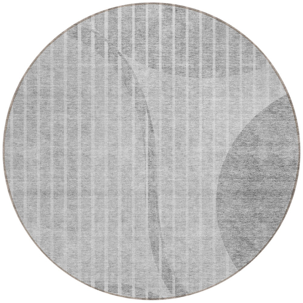 8' Gray Silver And Ivory Round Striped Washable Indoor Outdoor Area Rug