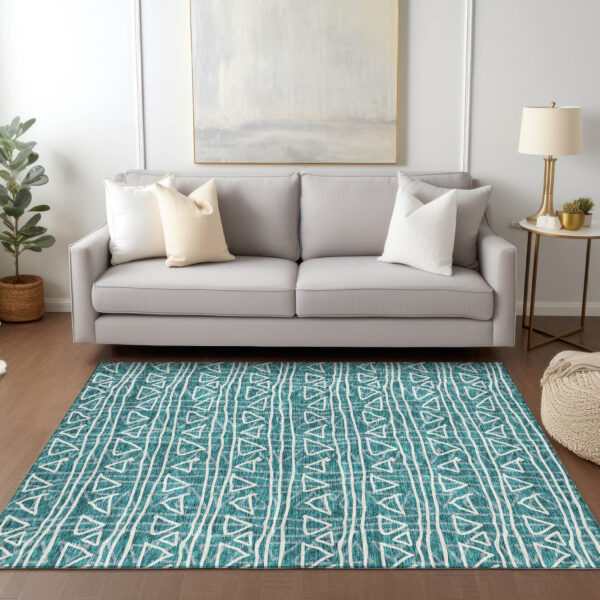 5' X 8' Teal Blue And Ivory Geometric Washable Indoor Outdoor Area Rug