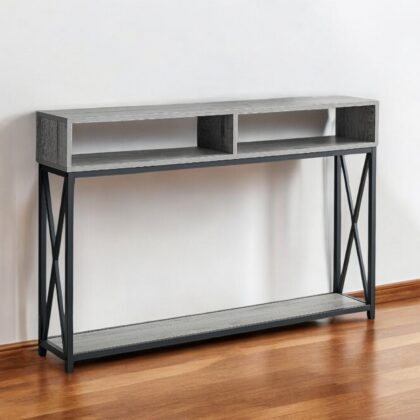 47" Gray and Black Frame Console Table With Shelves
